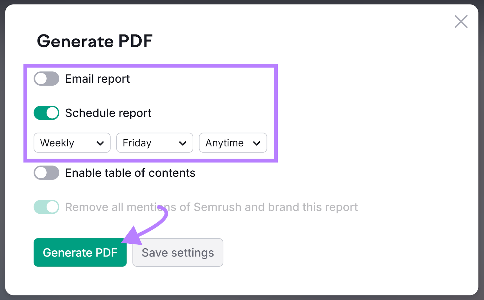 Generate PDF popup with Schedule report toggle activated和arrow pointing to Generate PDF button