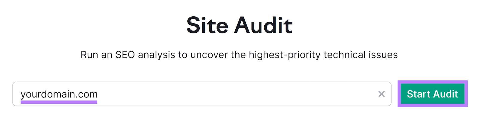 Semrush 现场审核 tool start with domain entered and 开始审核 button highlighted