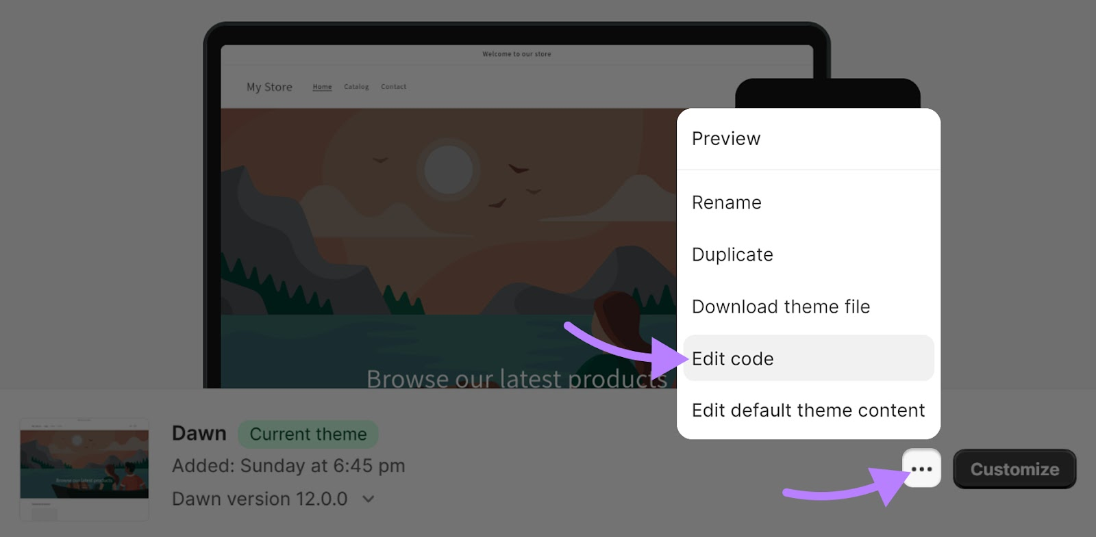 编辑代码 in your theme modal in Shopify管理仪表板