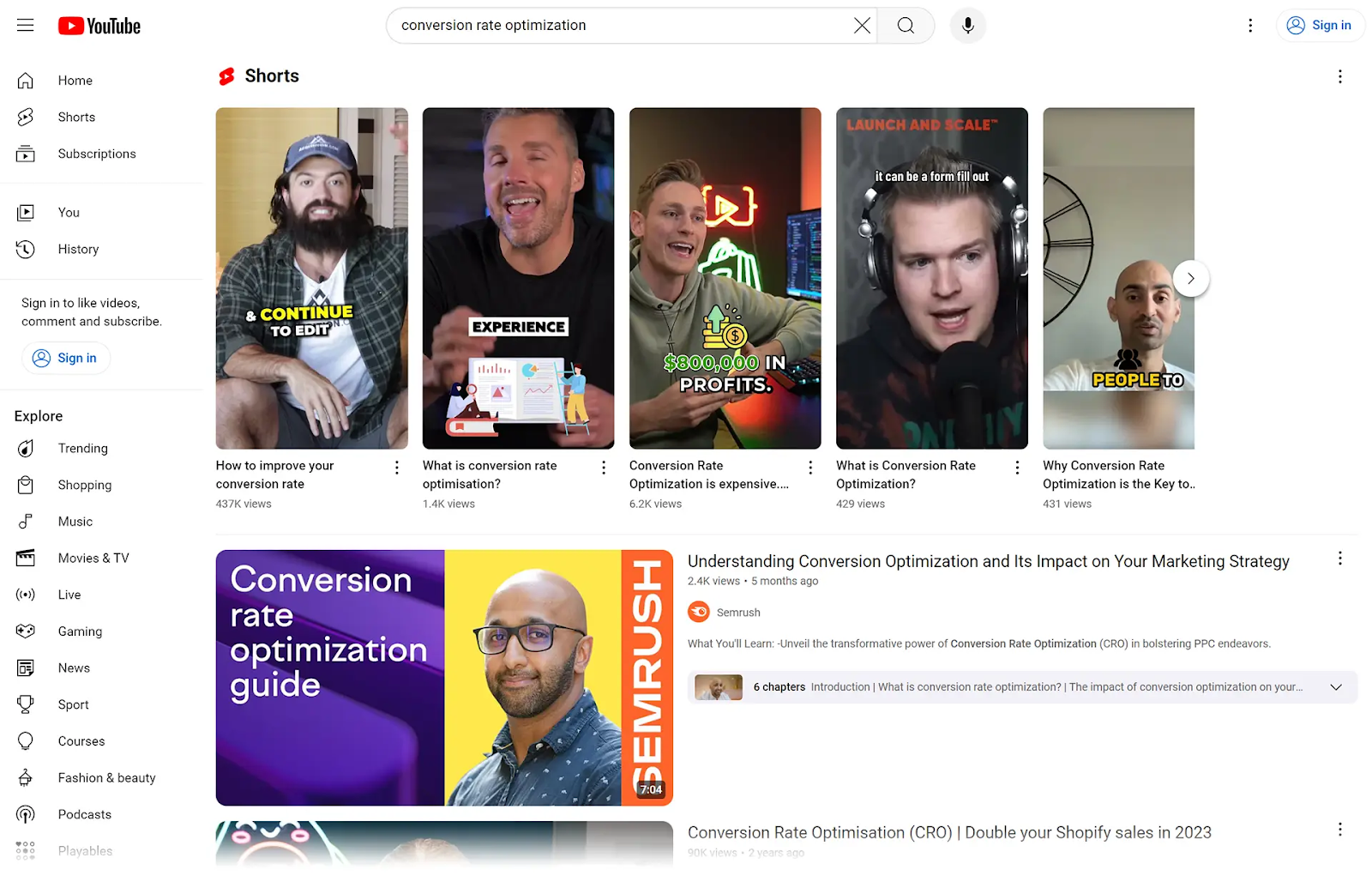 YouTube的 SERP showing long-form and short-form videos for the