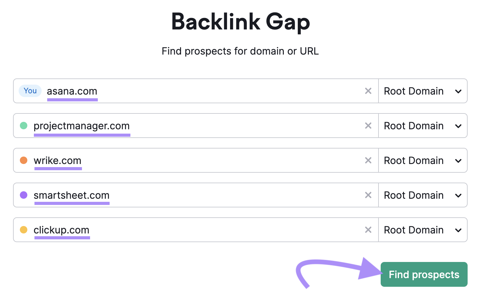 反向链接间隙 tool search bar has five saas seo competitors