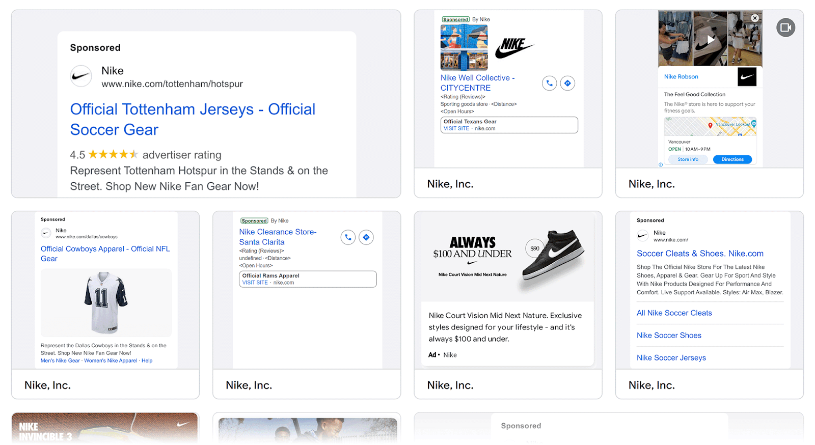 谷歌广告 transparency grid showing ads run by Nike Inc.