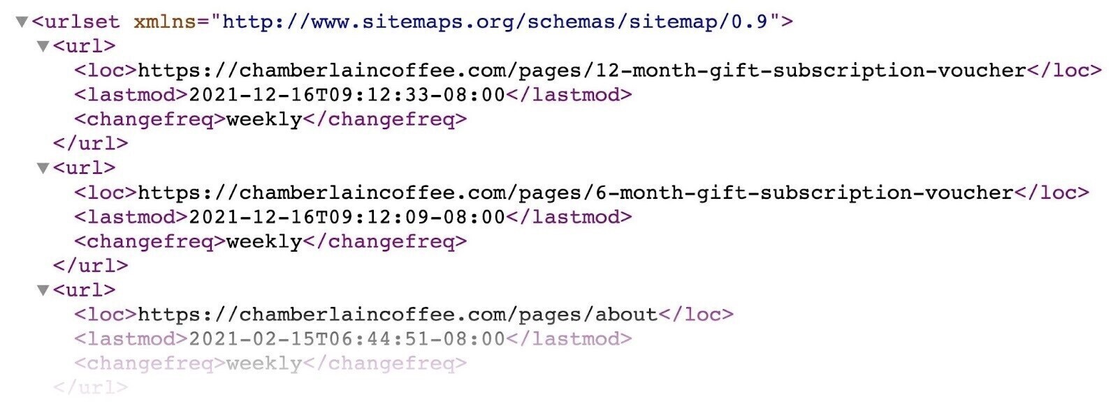 Example of an XML 网站地图 which includes list of indexed URLs, a “lastmod” attribute, a