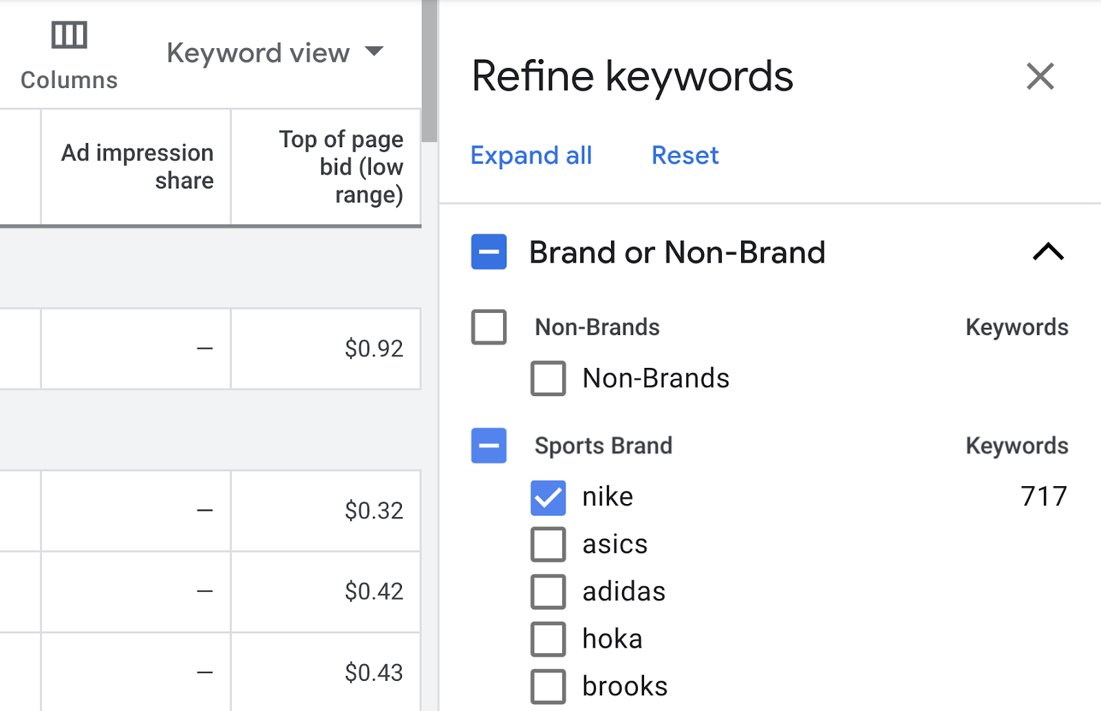 优化关键字 options on the right-side of the report allows you to filter by brand