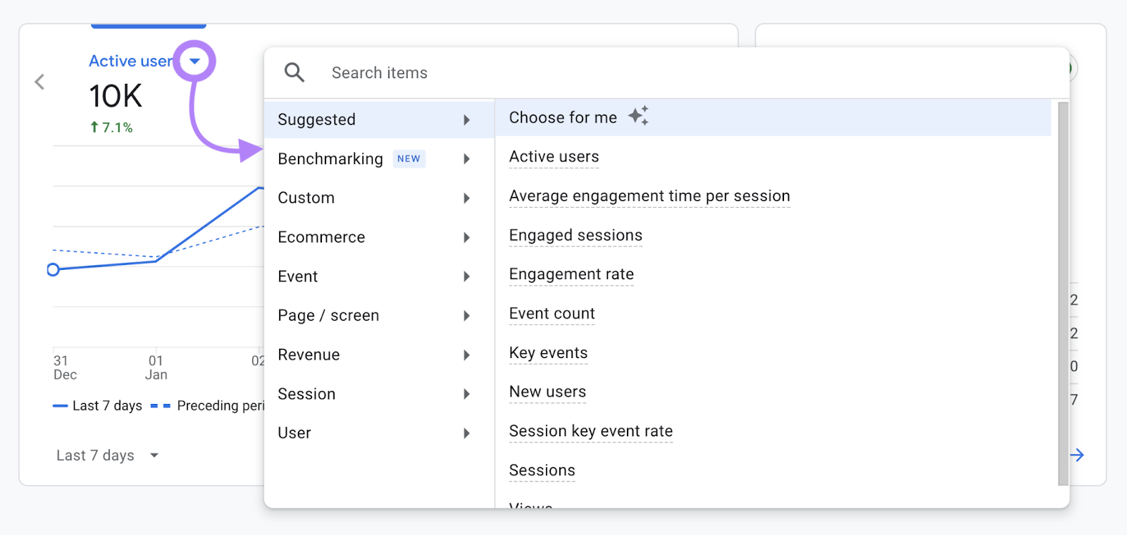 Drop down is highlighted to change the metrics shown on your 谷歌分析 homepage.