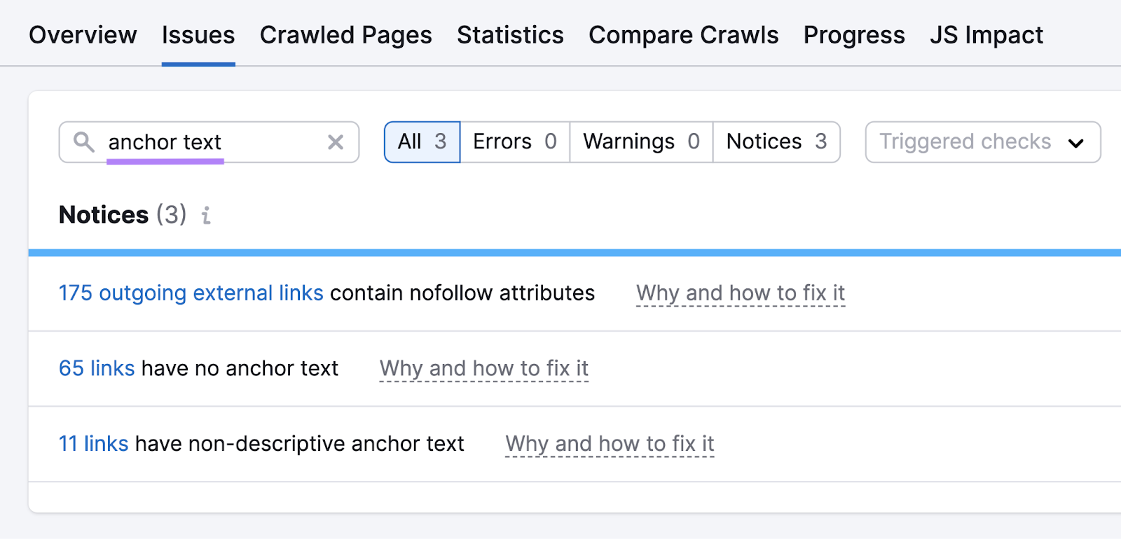 anchor text issues in site audit shows notices for outgoing 对外连结 containing nofollow attributes, no anchor text, and non-descriptive anchor text