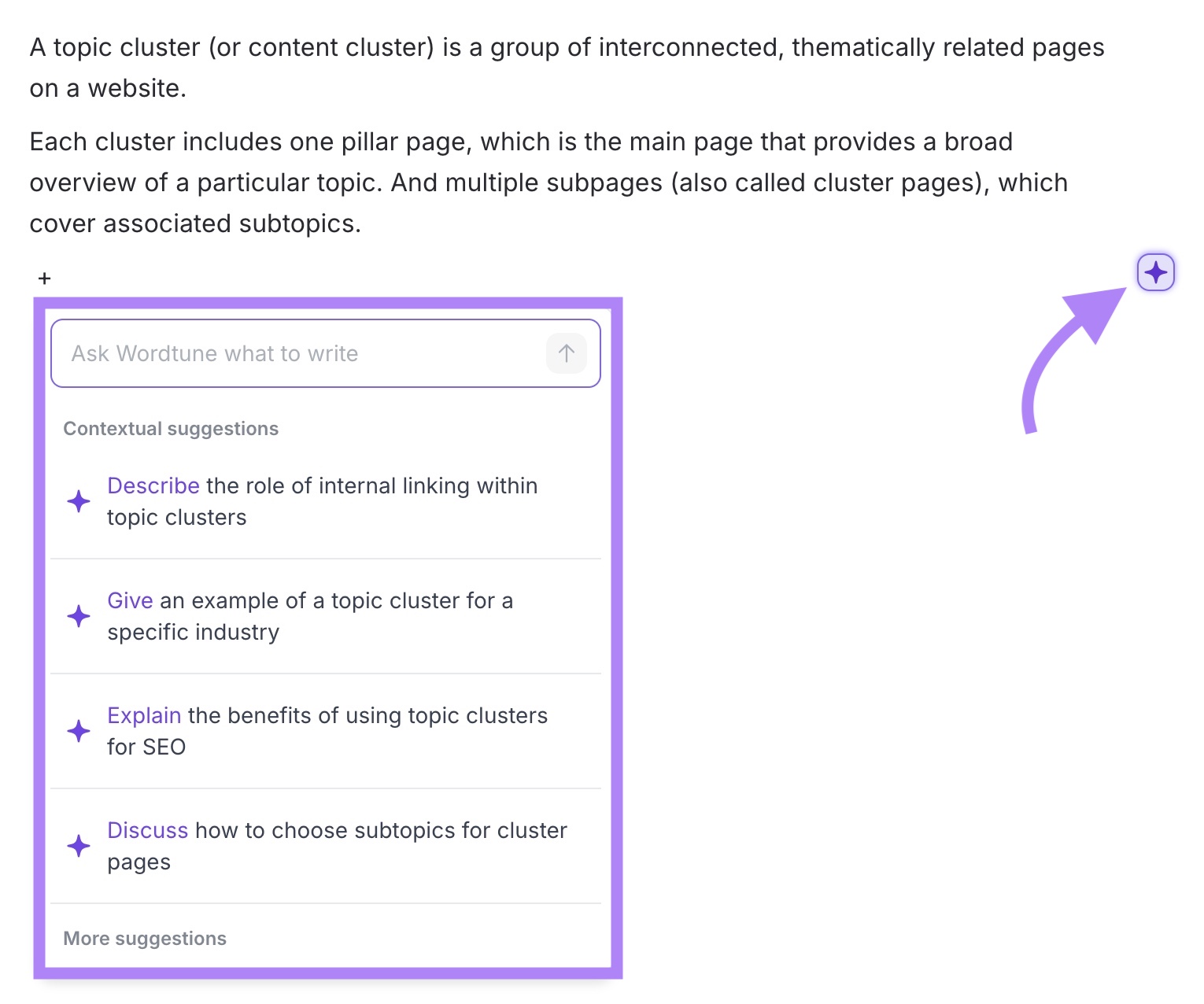 该cross symbol on WordTune clicked showing contextual suggestions to expand on the topic.