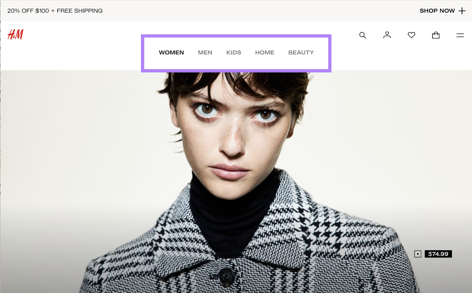this ecommerce navigation bar shows women, men, kids, home,和beauty.