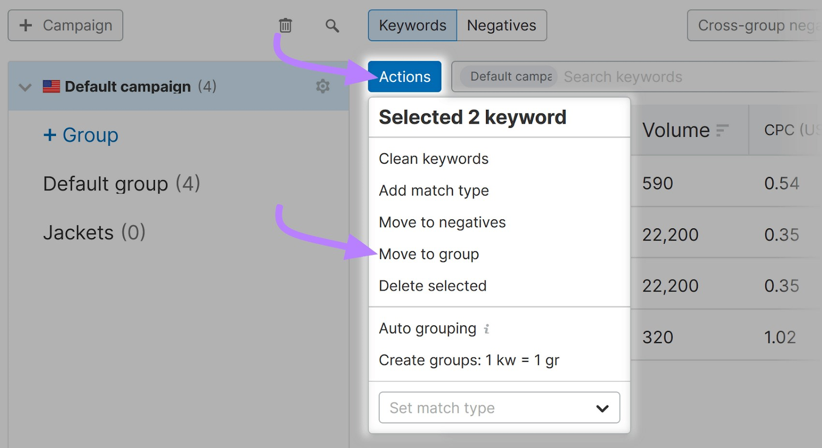 '行动' drop-down menu with '移动到组' selected in Semrush PPC的关键字工具