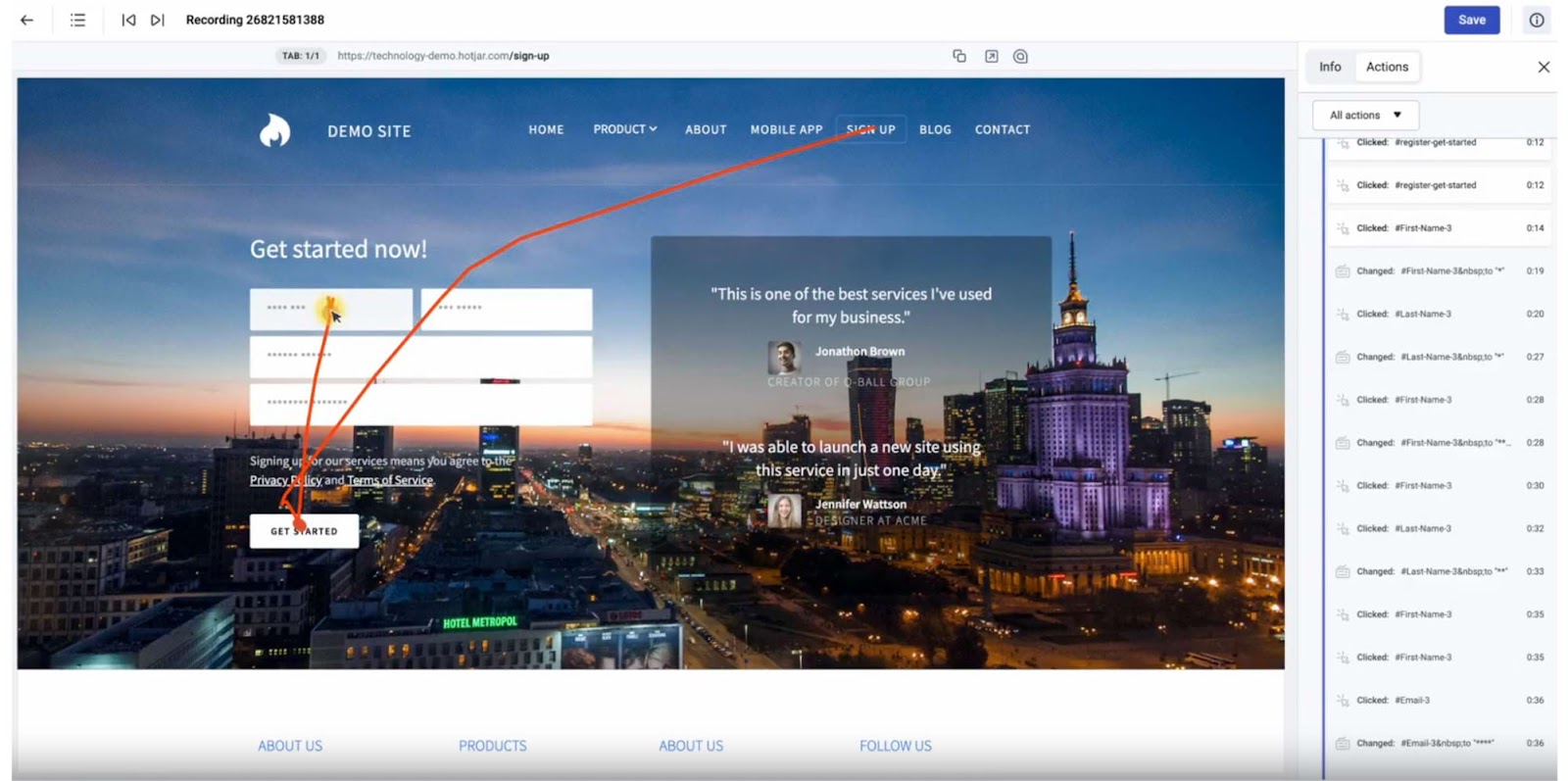 A recording on 霍特贾尔 showing where a user clicks and scrolls on a specific website.
