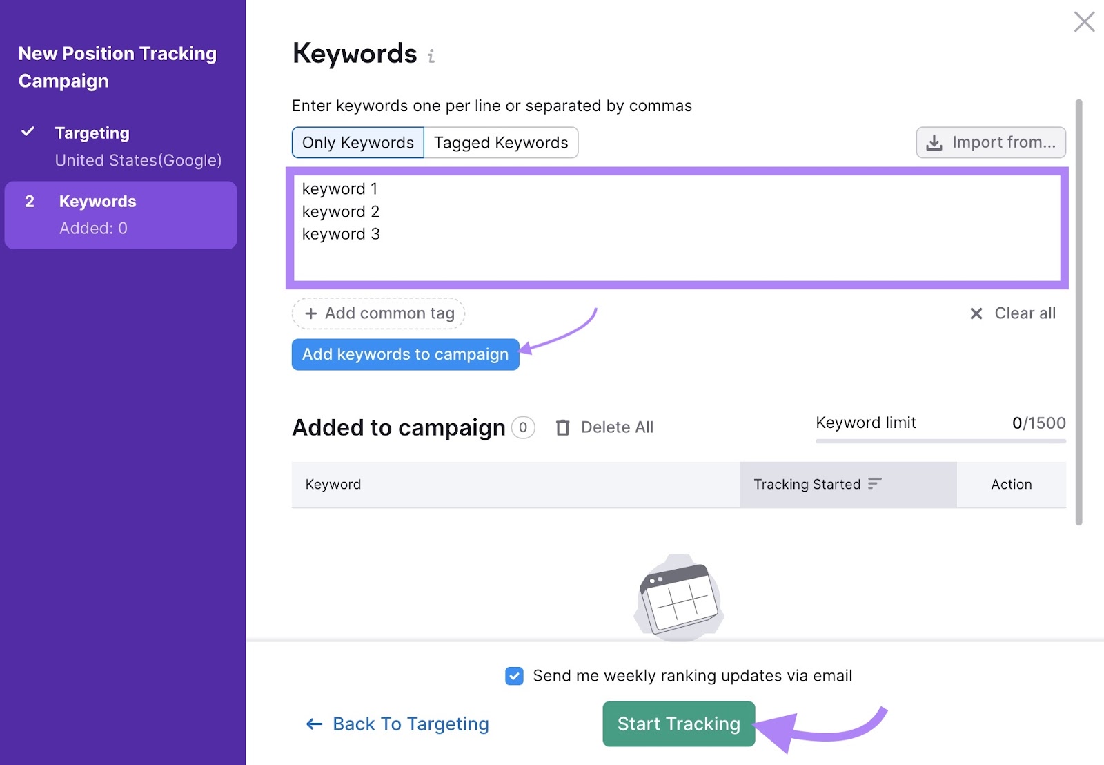 Keywords settings on the 位置跟踪 tool with the keywords section, 