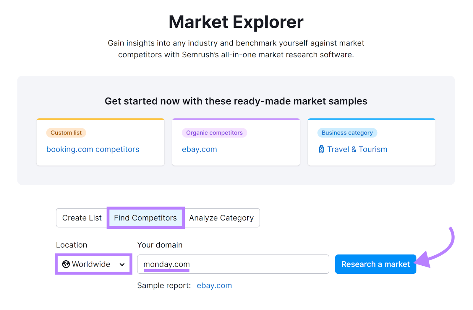 市场探索者 tool '寻找竞争对手' selected, location 'Worldwide', Domain entered, and 研究市场 selected.