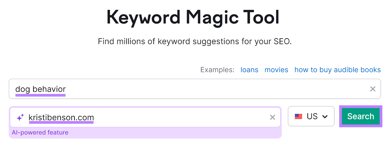 Semrush 关键字魔术工具 start with keyword and domain entered and 搜索 button highlighted