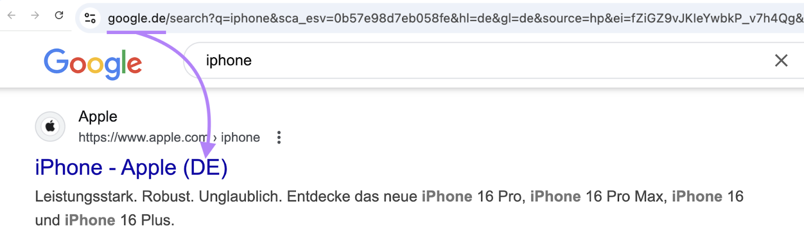 German version of Google shows German results in SERP for 