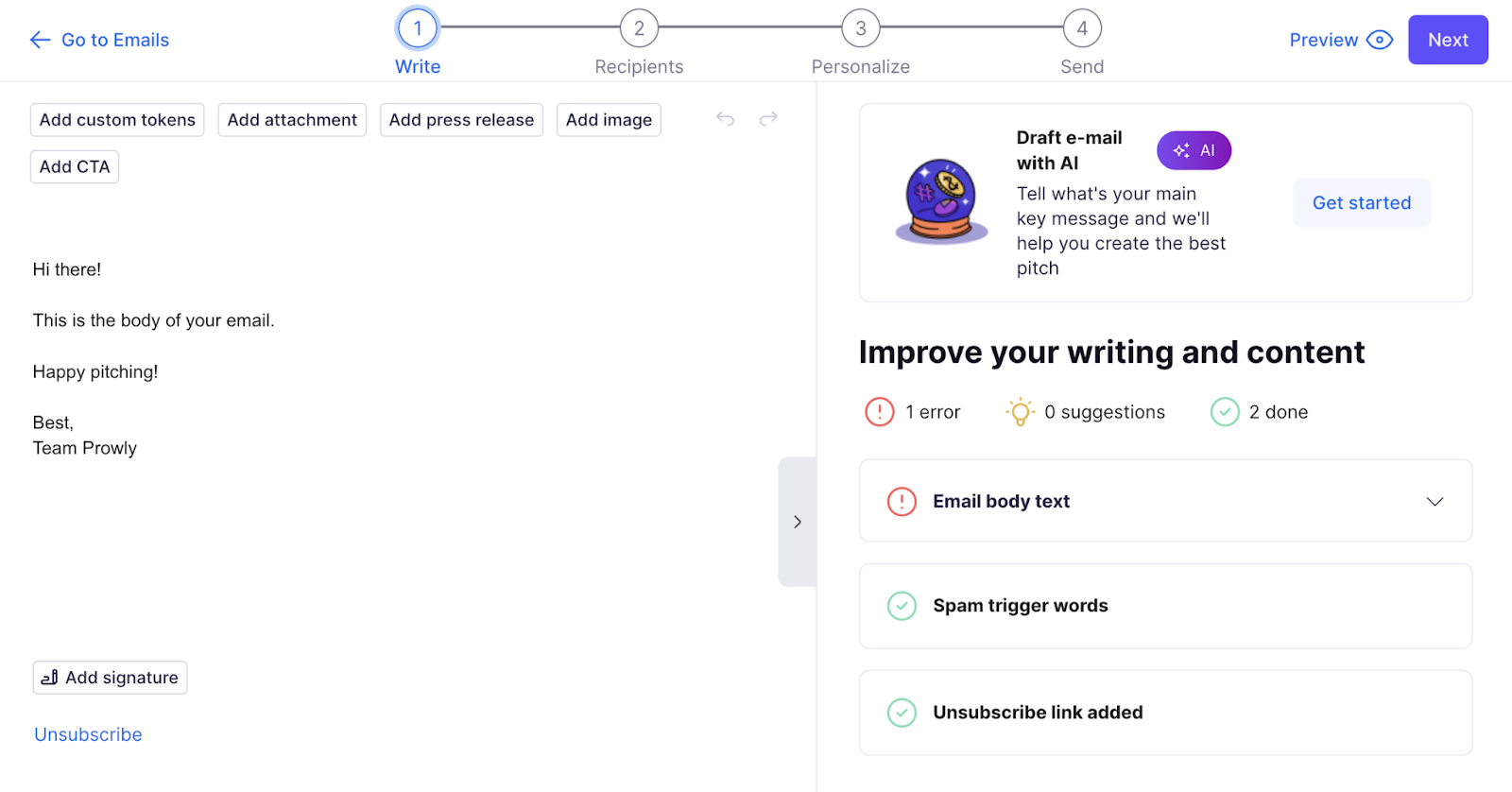 Prowly碌录潞陆 email draft tool has area for text和AI tools