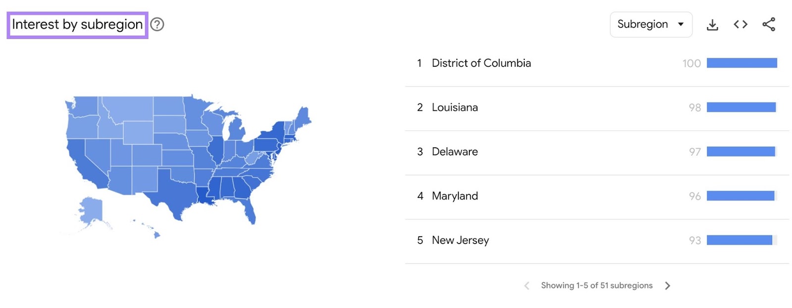 Interest by subregion on 谷歌趋势 showing the popularity of a search term in different areas of a chosen location.