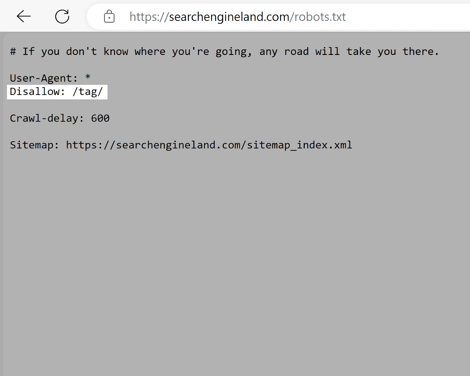 搜索引擎土地 robots.txt file with highlights showing disallowed url path