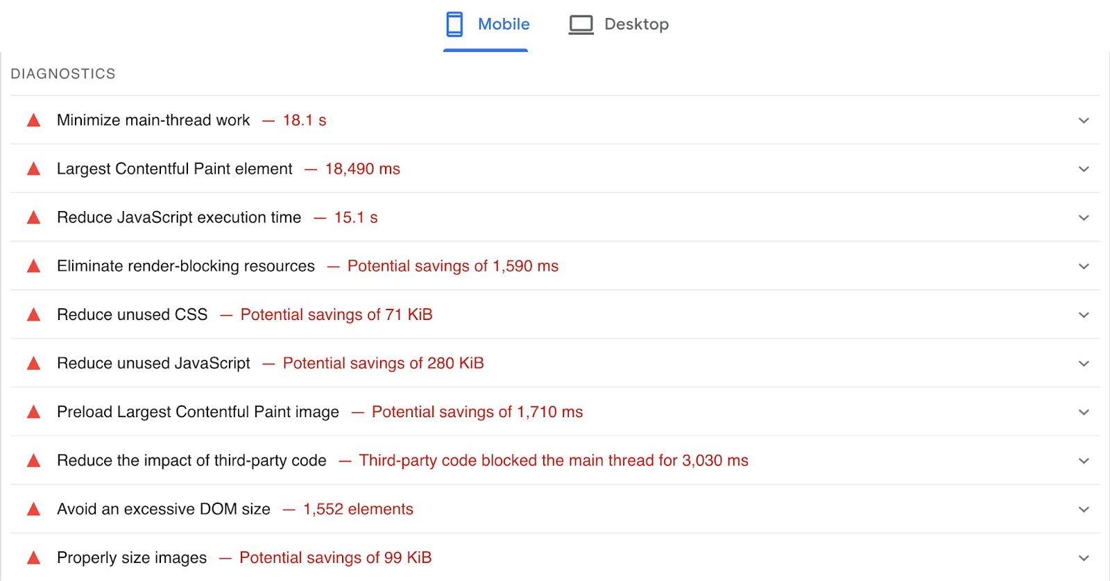 Recommendations include things like reduce unused JavaScript, reduce unused CSS, properly size images, 和 more.