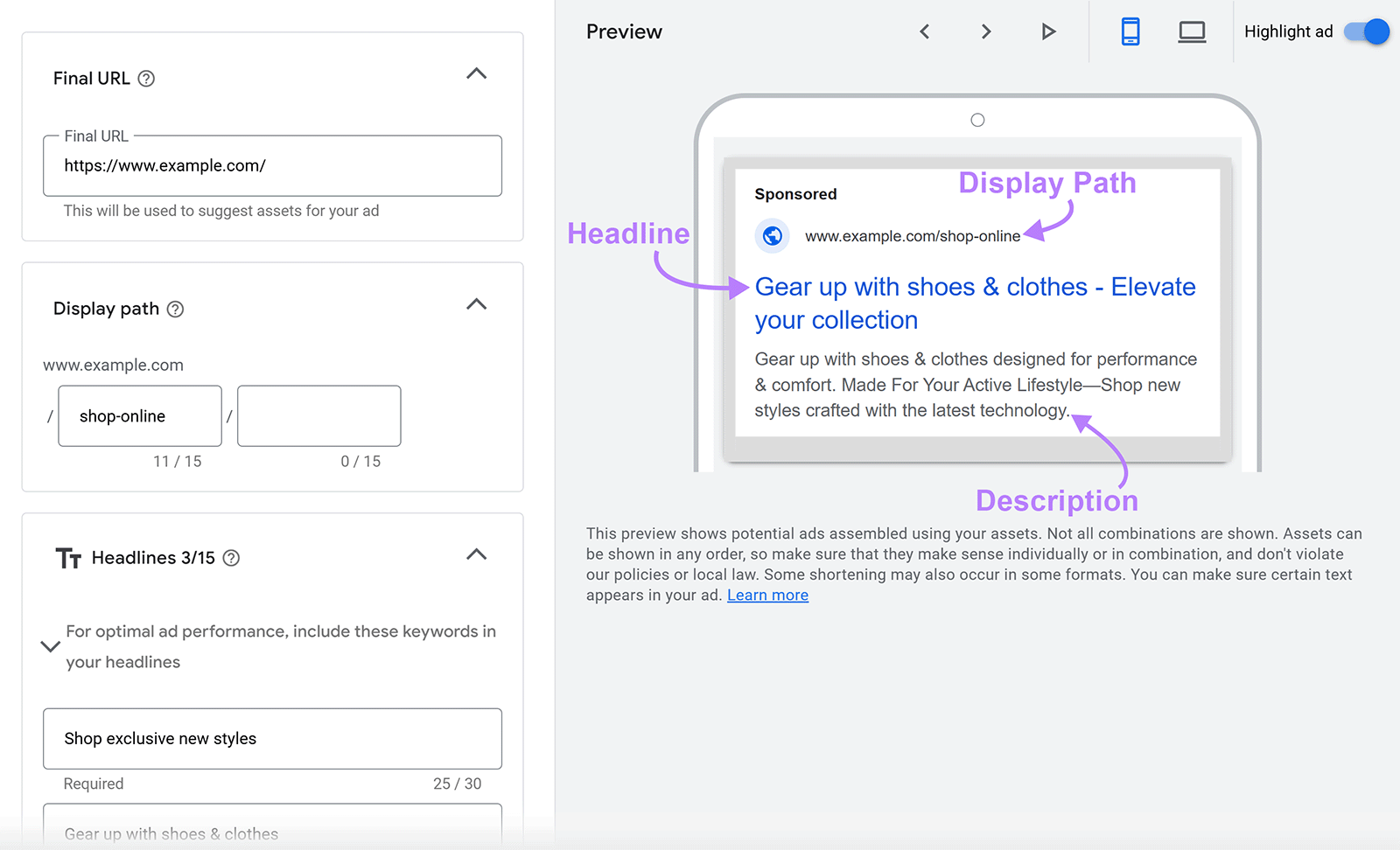 Google Ad preview with Display Path, 标题, and 资料描述 annotated in Preview section.