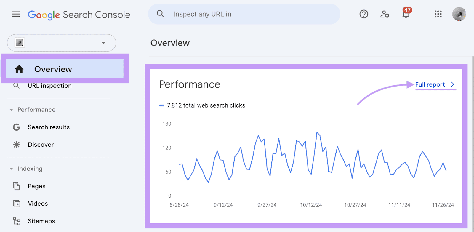 Overview 报告书 in Google 搜索 Console with a chart 和 the 
