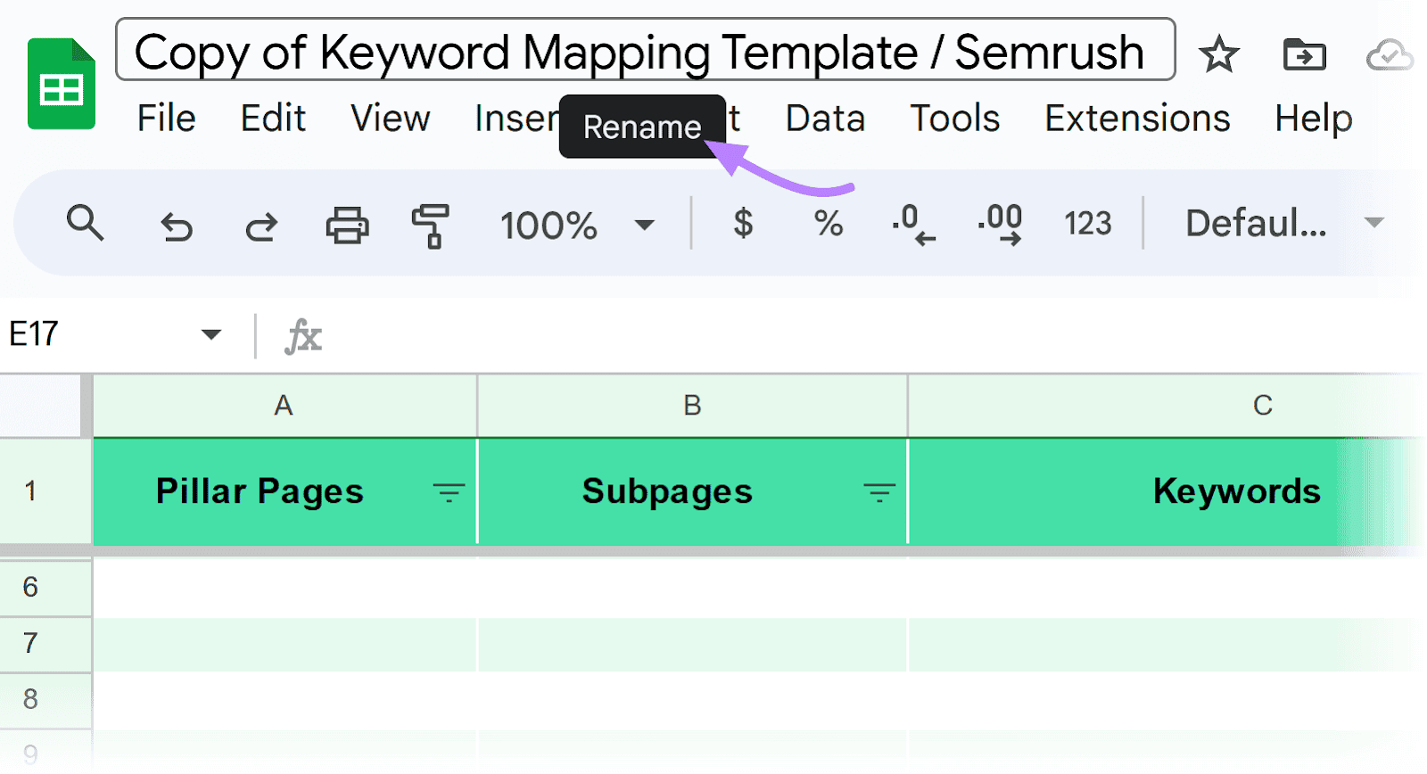 Zoomed-in Semrush template showing a black 