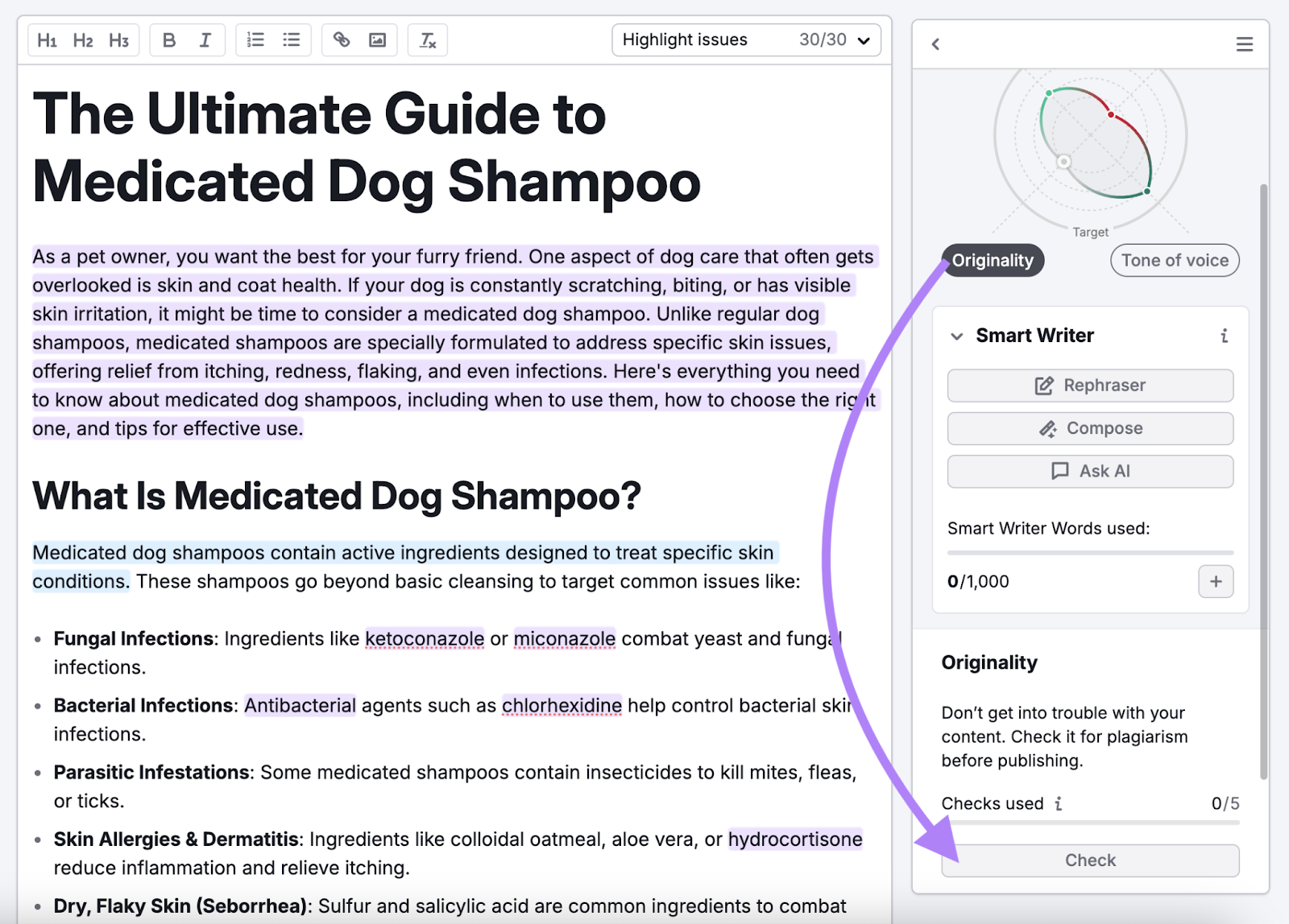 独创性 appears with other checks like tone of voice, SEO, and readability.