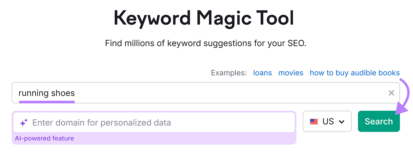 关键字魔术工具 start with 'running shoes' in keyword field and arrow pointing to '搜索' button