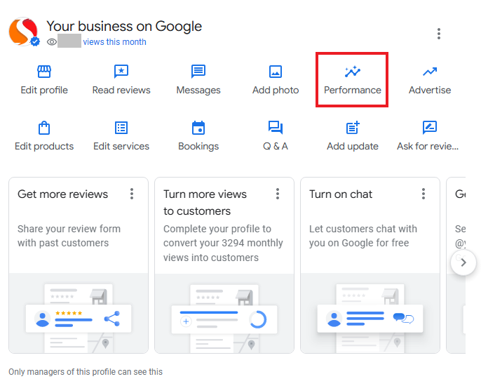 The Performance option in the Google SERP dashboard for businesses that have been added to 谷歌地图.