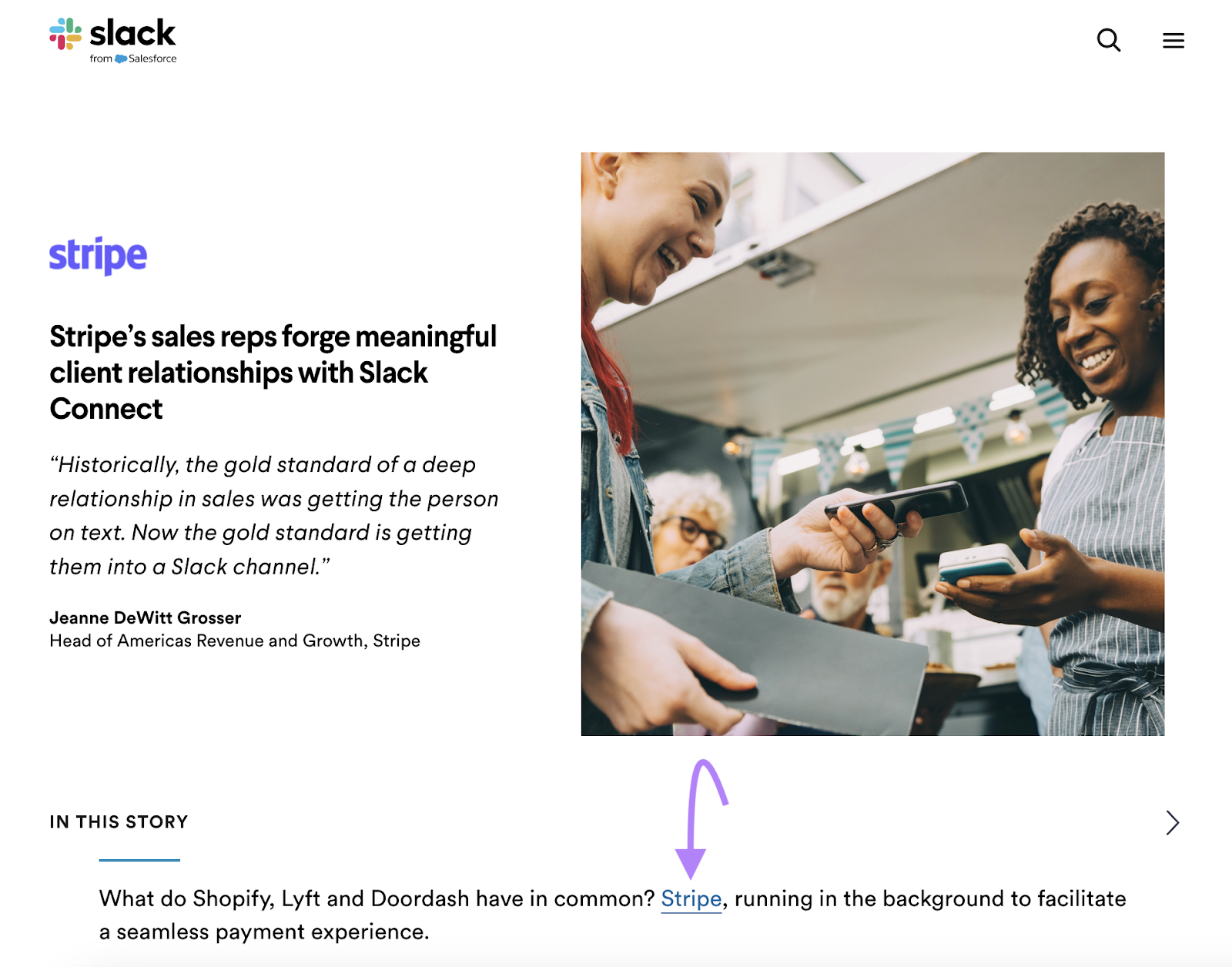 Slack article features Stripe as a partner和provides a 反向链接 in the article text