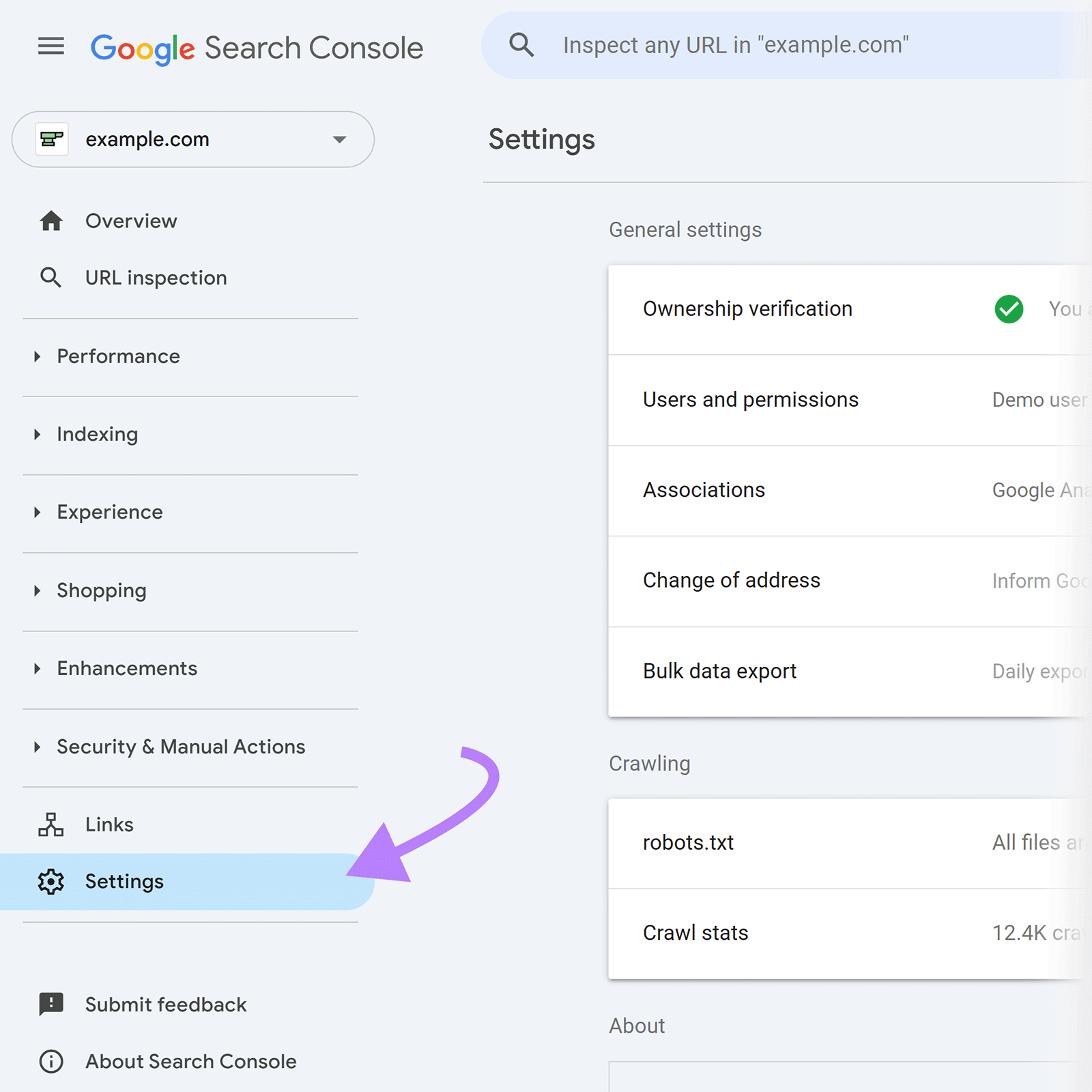 Google Search Console dashboard with arrow pointing to 设置 option in left-h和 navigation menu