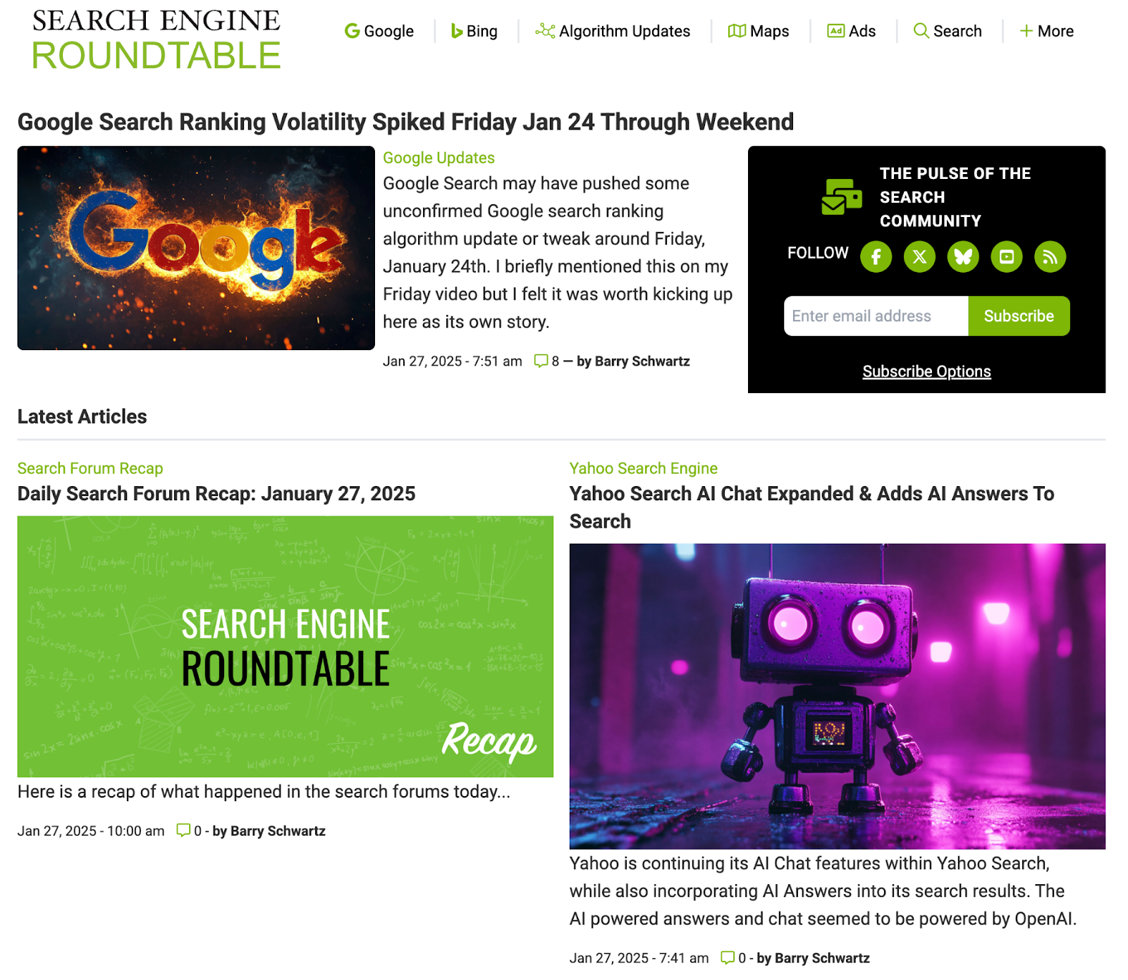 搜索引擎圆桌会议's homepage features SEO content around Google search ranking volatility, search forum recaps，而Yahoo search AI chat.