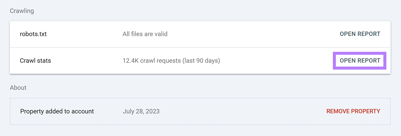 Crawling section in GSC settings page with 公开报告 hyperlink highlighted in Crawl stats row