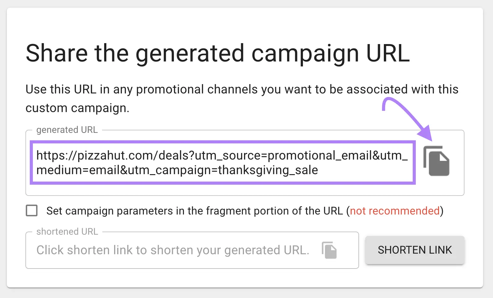 a custom generated URL on Google’s 活动URL生成器 with the copy icon highlighted