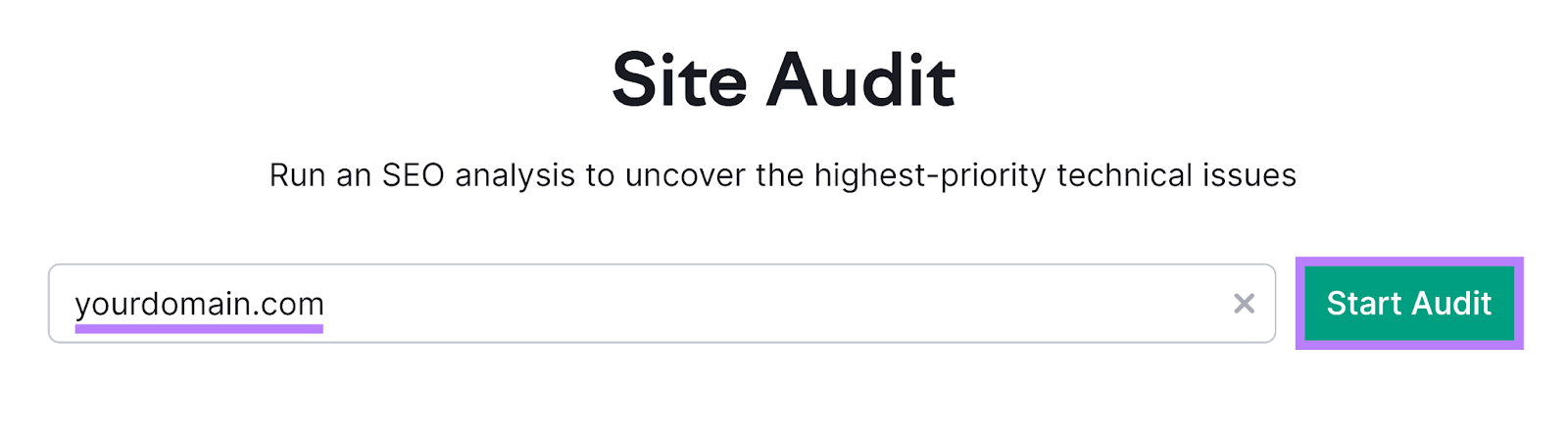 现场审核 start page with 'yourdomain.com' entered和开始审核 button highlighted.