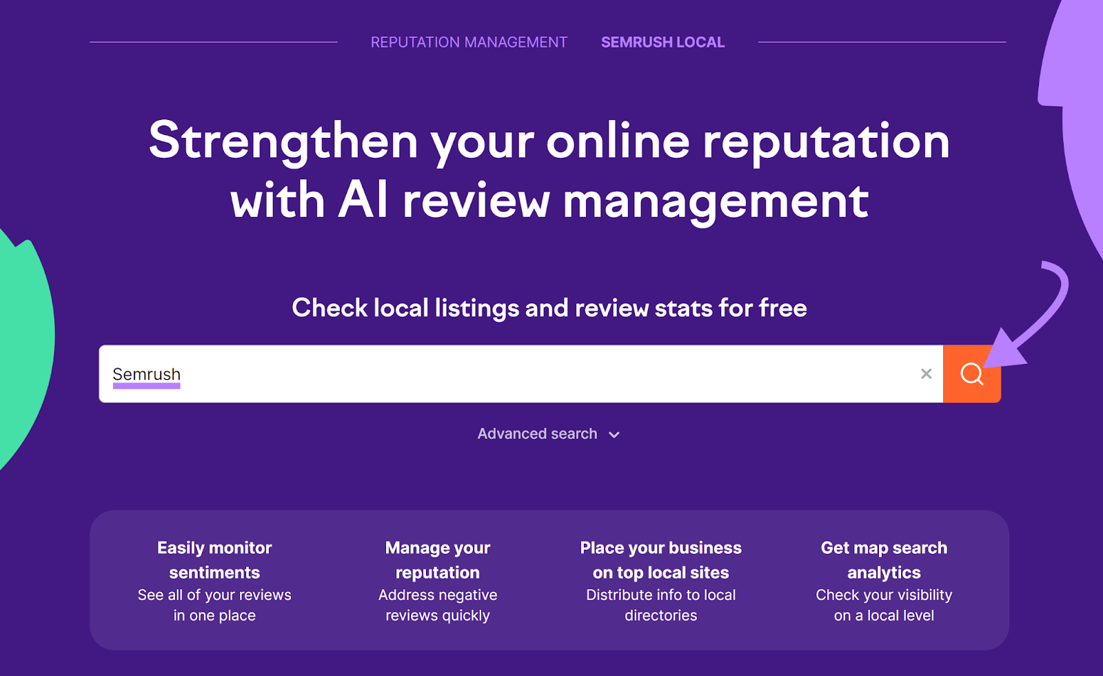 Semrush 检讨及管理 start page with business name entered and arrow pointing to 搜索 icon