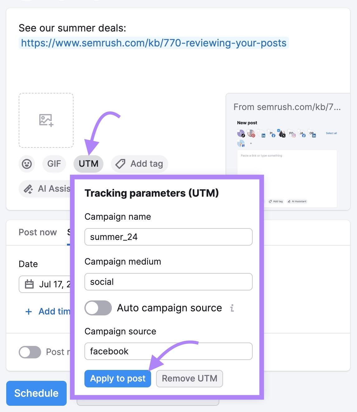 UTM parameter settings within Semrush社会 Poster