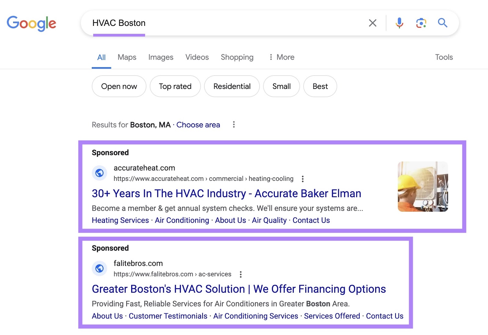 Google SERP for the local search 