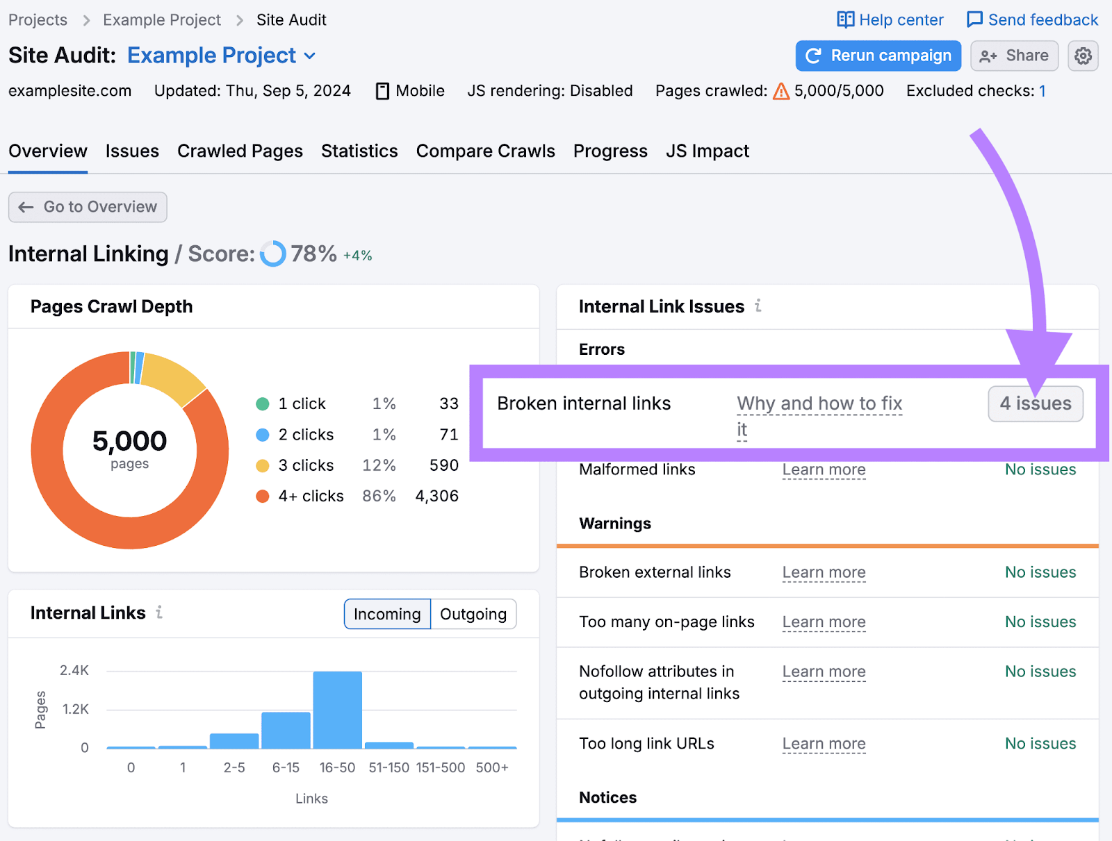 internal linking report with the 