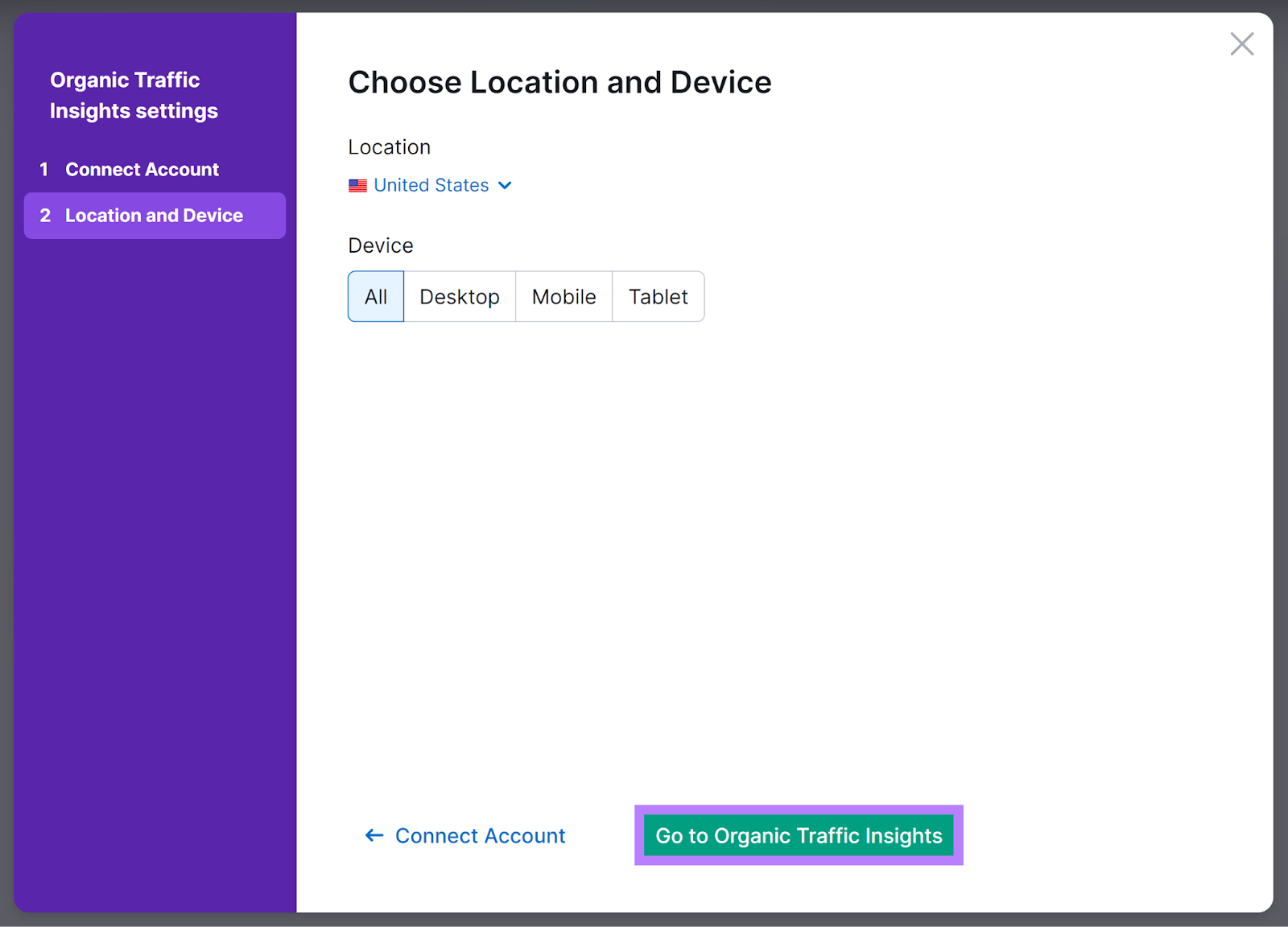 Location set to United States, Device set to All和进入有机交通洞见 button highlighted