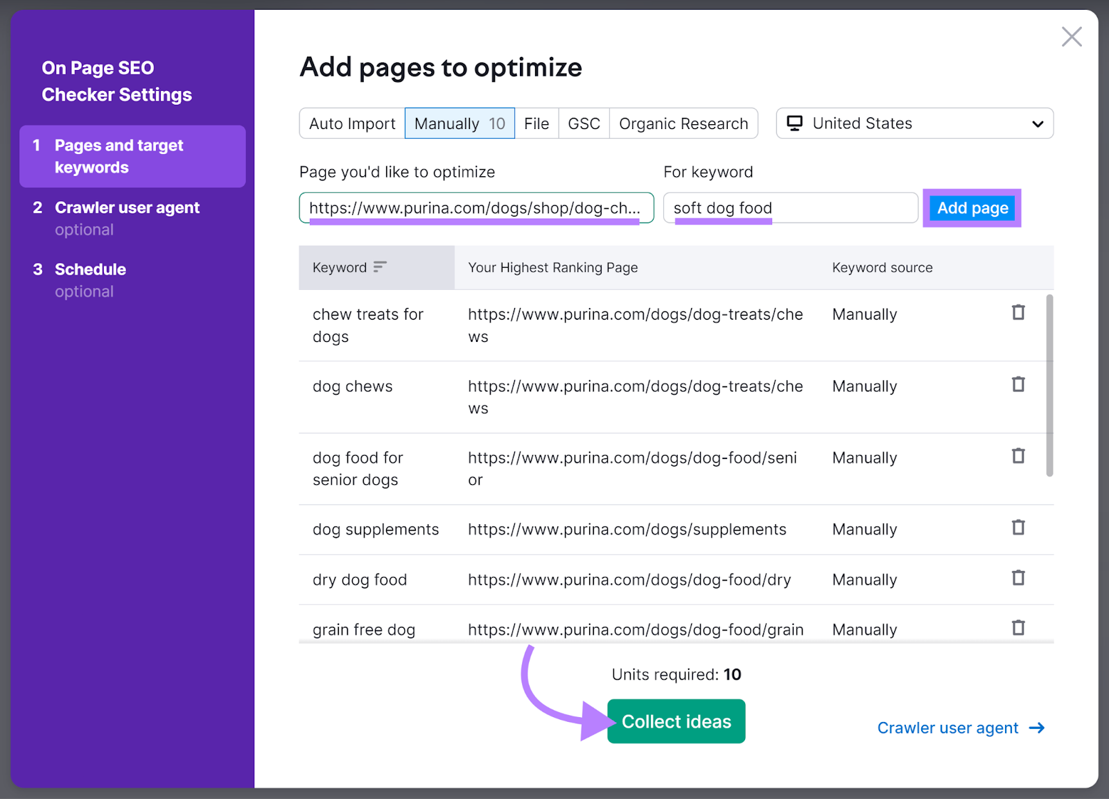 '添加 pages to optimize' step with keywords和pages added和arrow pointing to '收集想法' button