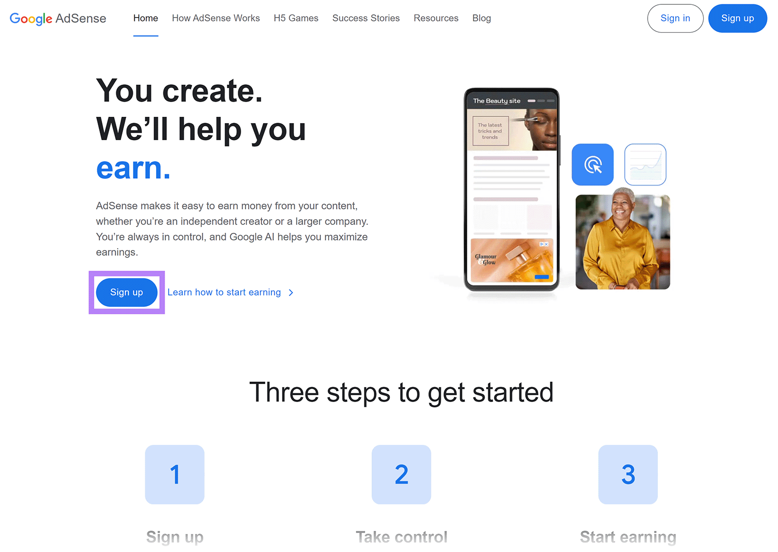 Google AdSense start page with 注册 button highlighted