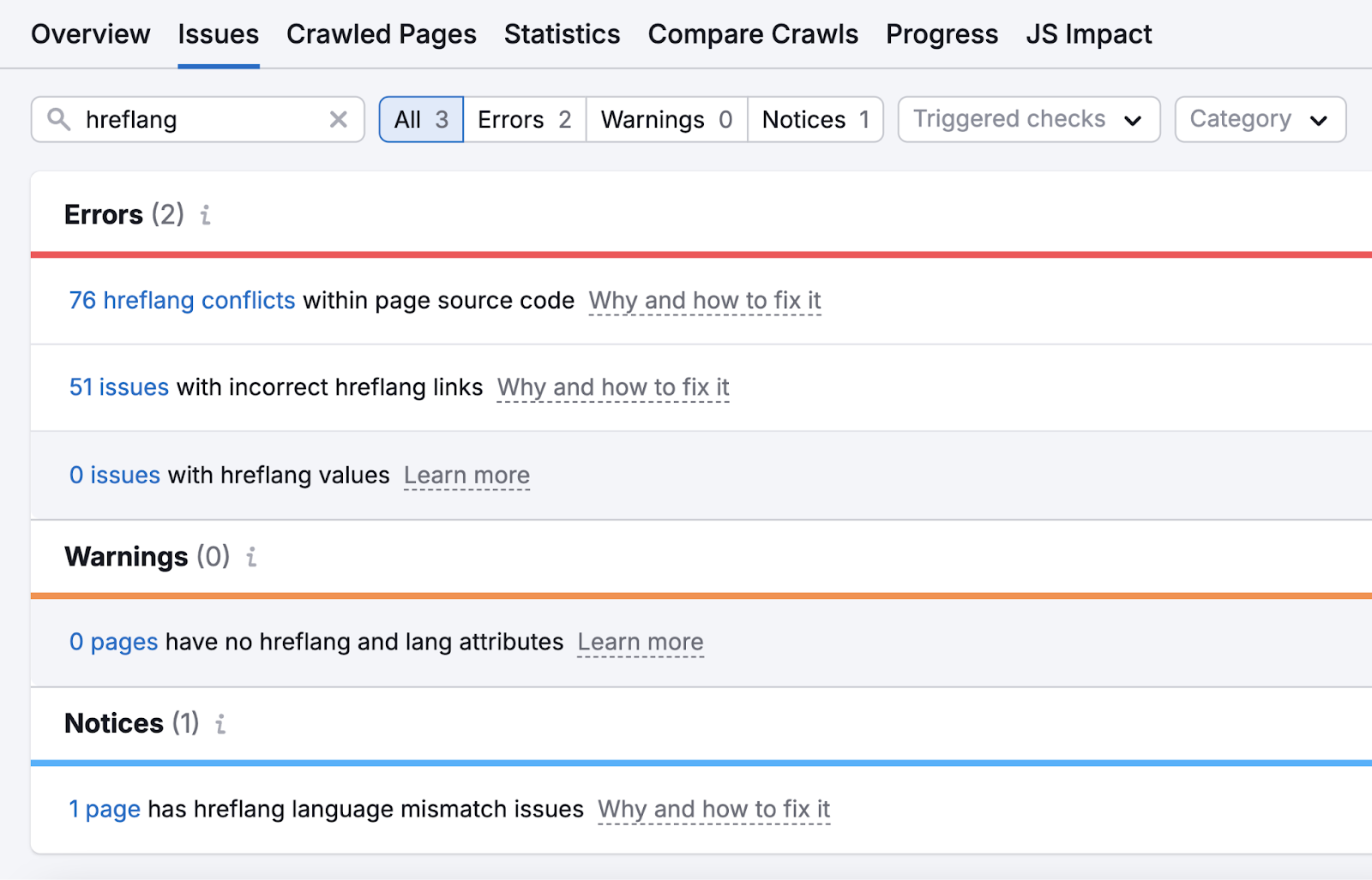 Search for hreflang in 现场审核 shows how many pages have attribute和价值 issues as well as how to fix them.
