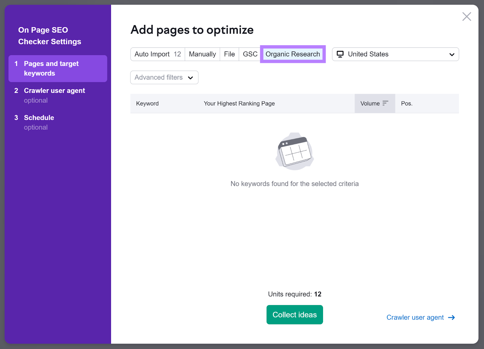 网页搜索引擎优化检查 Settings popup with Organic Research tab highlighted