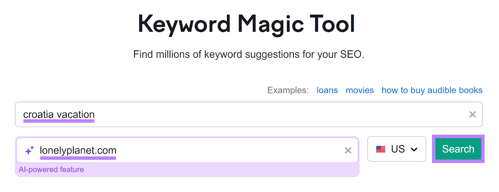 关键字魔术工具 start with keyword and domain entered and 搜索 button highlighted