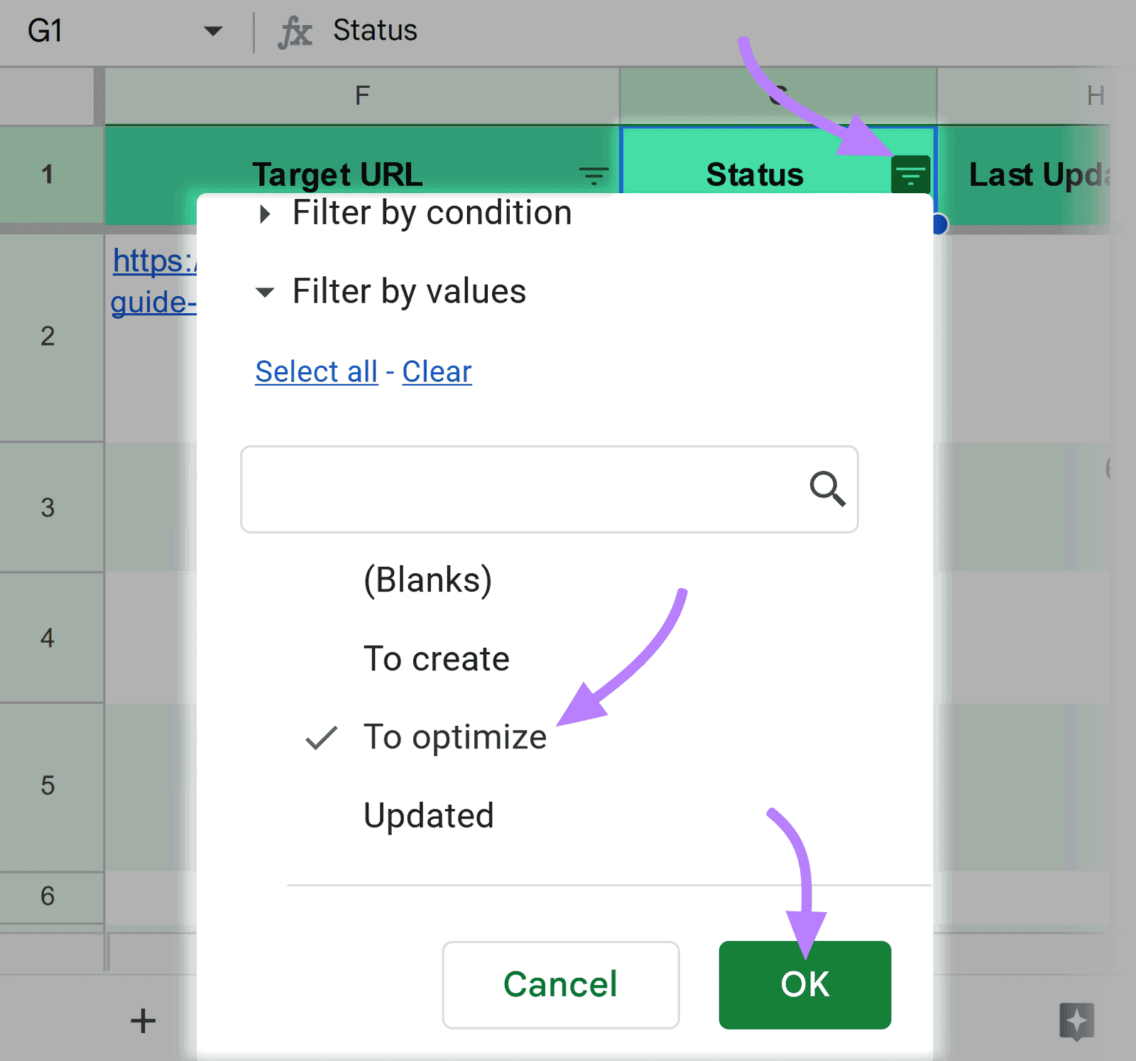 Spreadsheet filter dropdown menu in the 