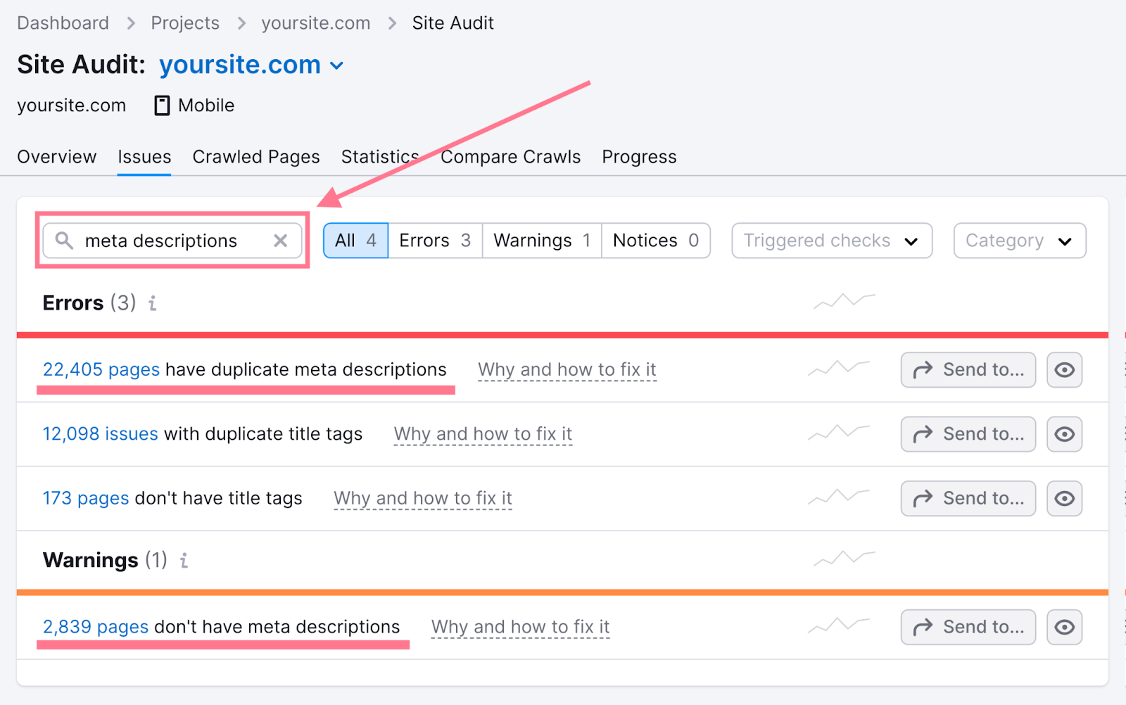 Meta description errors highlighted in the 