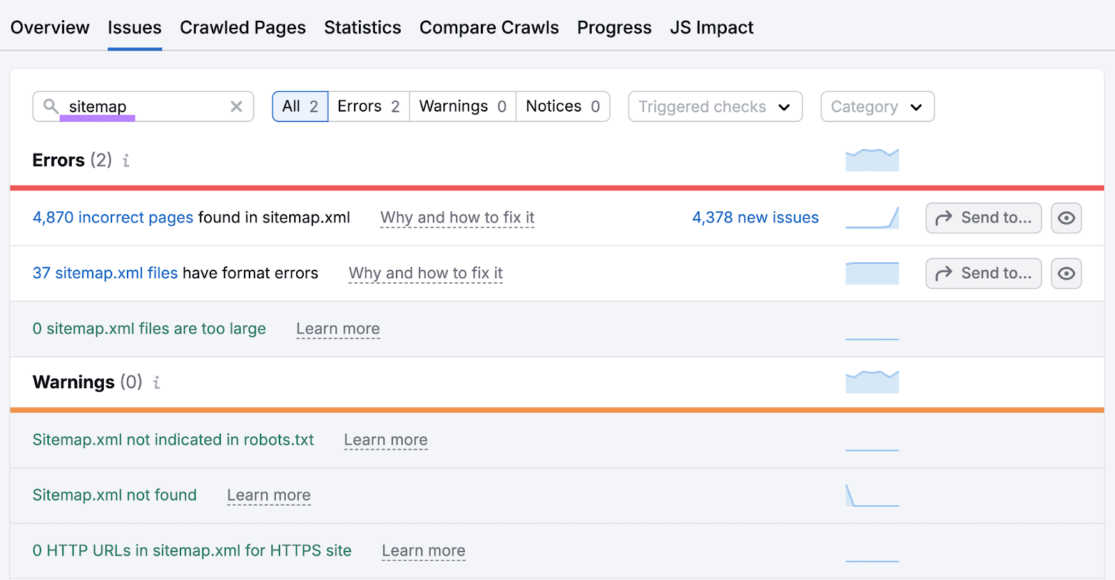 现场审核's issues tab with a search for sitemap-related errors