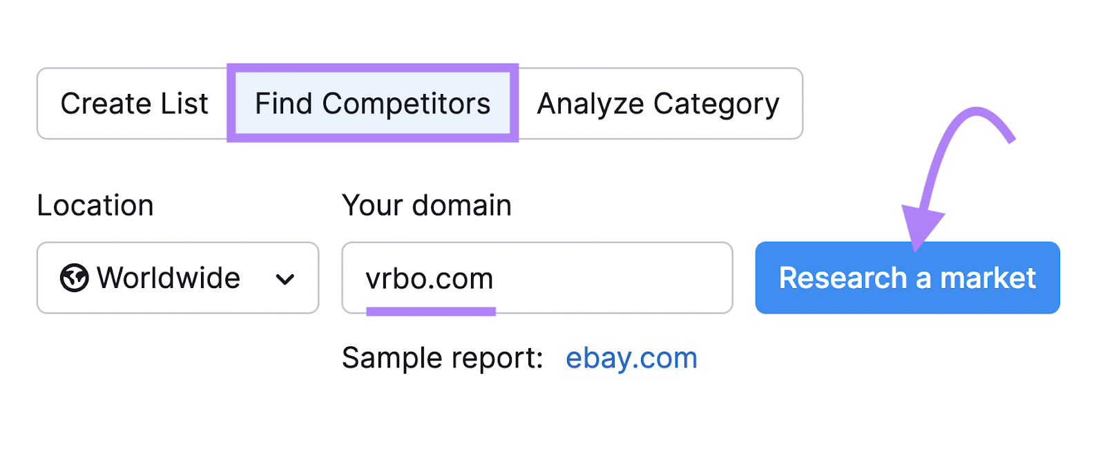 Search screen of 市场探索者 tool by Semrush with 'Find 竞争对手' tab highlighted and vrbo.com ready to be explored