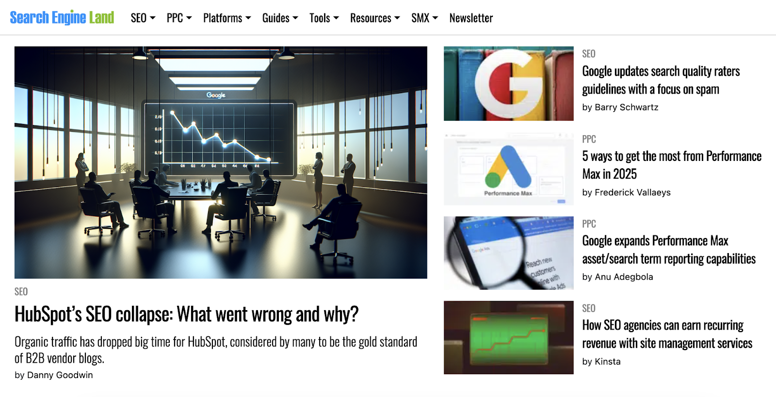搜索引擎土地's homepage features SEO content on Google updates to search quality raters guidelines, performance max in PPC，而more.