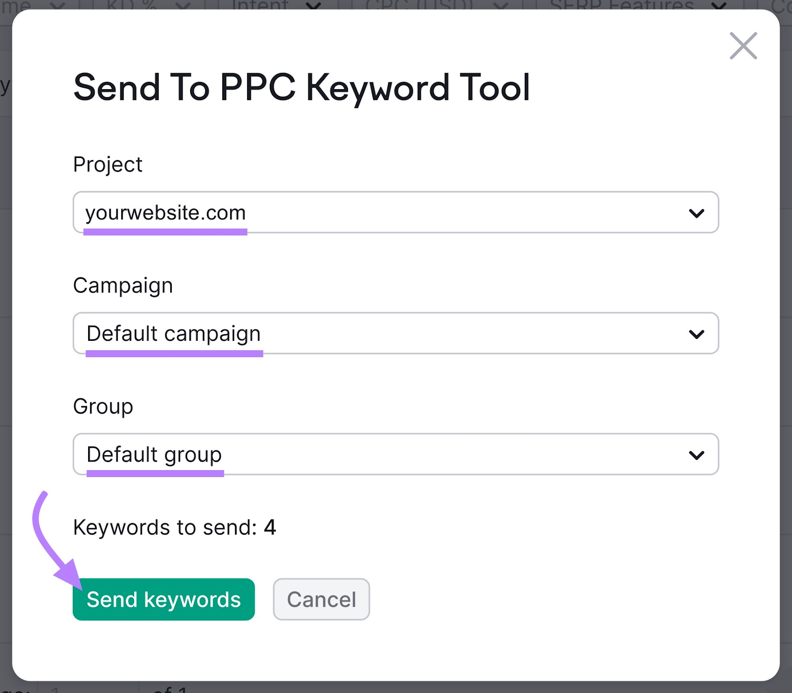 '默认活动' and '默认组' options selected in 'Send To PPC的关键字工具' window of Semrush 关键字策略生成器